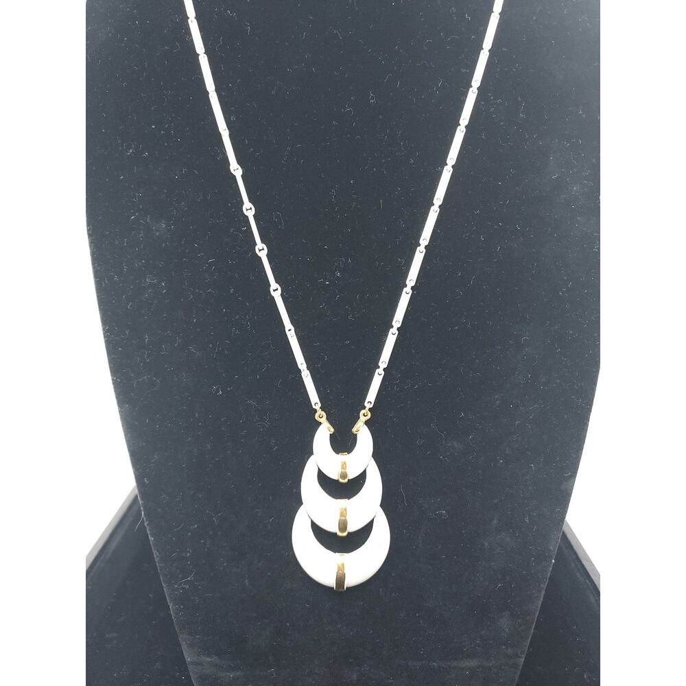 Vintage Crown Trifari White Enamel Pendant Necklace Signed Midcentury MCM